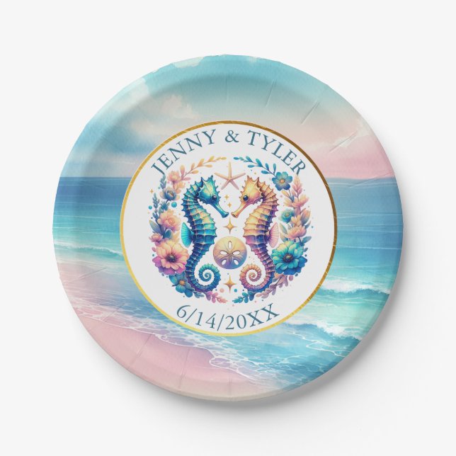 Pink, Blue and Gold Coastal Sand Dollar Beachy Paper Plate (Front)