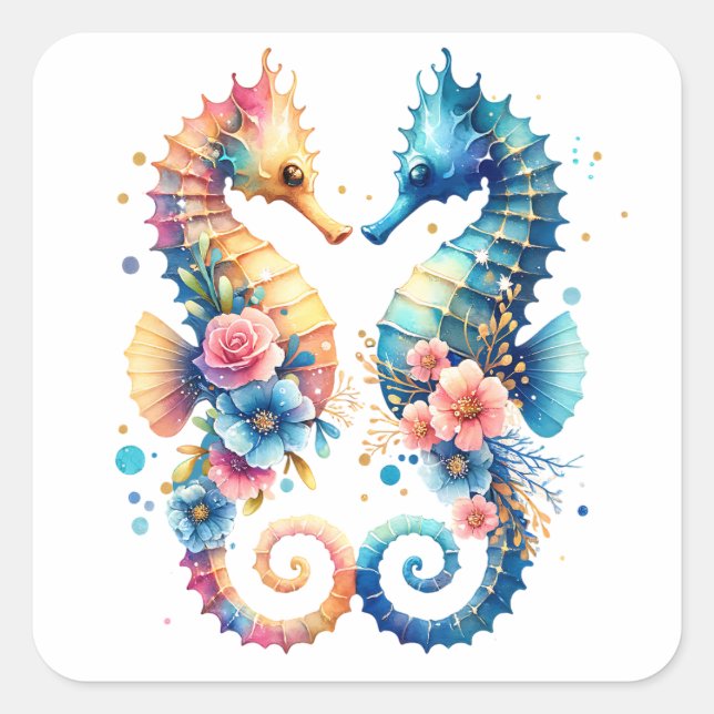 Pink, Blue and Gold Coastal Seahorse Beachy Square Sticker (Front)