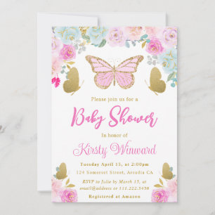 Pink. Blue and Gold Floral  Butterfly Baby Shower Invitation