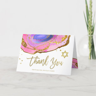 Pink Blue and Gold Geode   Bat Mitzvah Thank You Card