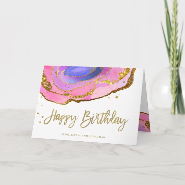 Pink Blue and Gold Geode | Happy Birthday Card (Front)