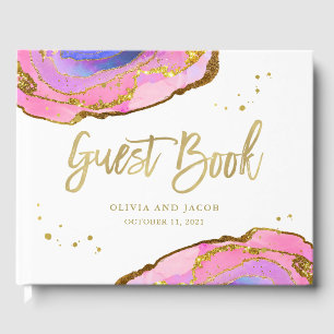 Pink Blue and Gold Geode   Wedding Guest Book