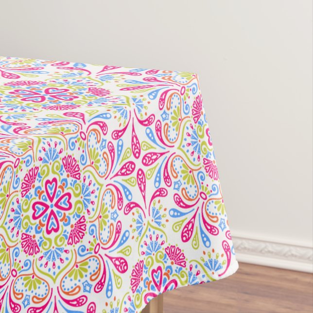 Pink blue and green kaleidoscope pattern tablecloth (In Situ)