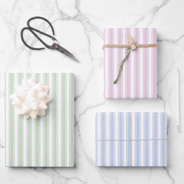 Pink Blue and Green Ticking Stripe Wrapping Paper Sheet (Front)