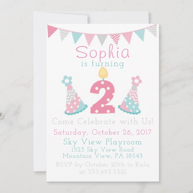 Pink Blue and Grey 2nd Birthday Invitations (Front)
