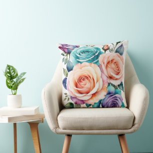 Pink, blue and purple roses throw pillow