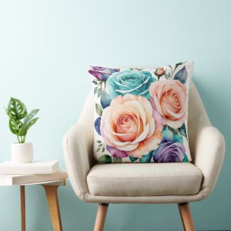 Pink, blue and purple roses throw pillow