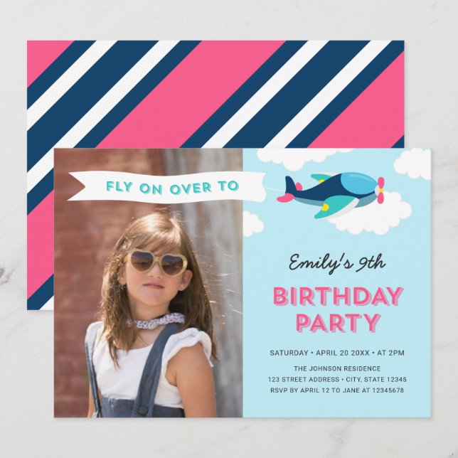 Pink, Blue and Teal Airplane Photo Birthday Party Invitation (Front/Back)