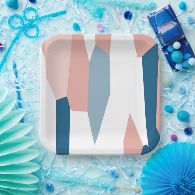 Pink Blue and White Abstract Paper Plate (Party)