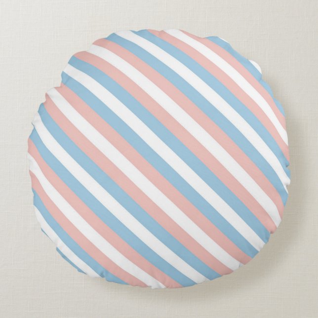 Pink, Blue and White Diagonal Stripe Round Pillow (Front)