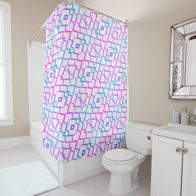 Pink Blue and White Geometric Shower Curtain (In Situ)