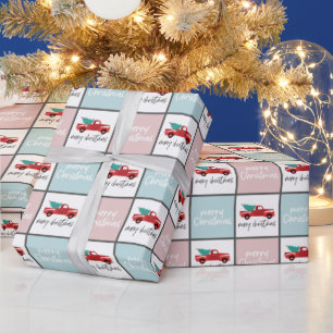Pink, Blue and white Merry Christmas truck Wrapping Paper