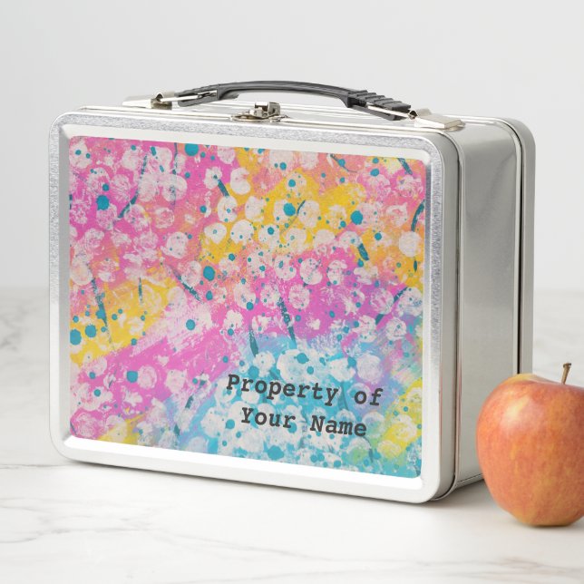 Pink, Blue, and Yellow Abstract Metal Lunch Box (In Situ)