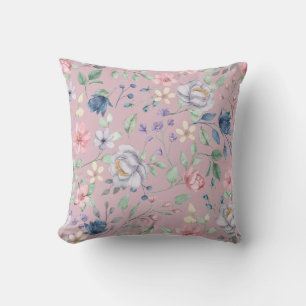 Pink Blue and Yellow Floral Throw Pillow