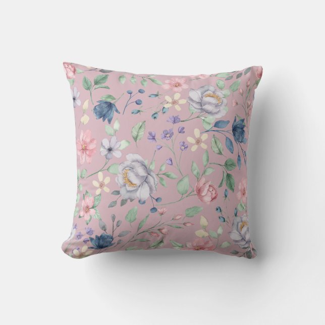 Pink Blue and Yellow Floral Throw Pillow (Front)