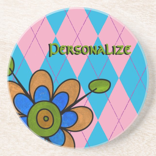 Pink & Blue Argyle & Flower Coaster (Front)