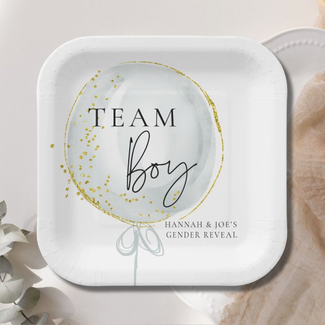 Pink & Blue Balloon Gender Reveal Team Boy Paper Plate (Creator Uploaded)