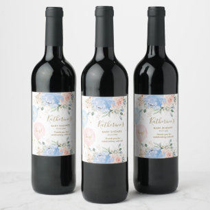 Pink Blue Balloons Floral It's Twins Baby Shower Wine Label