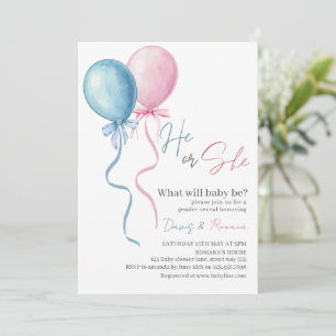 Pink Blue Balloons Gender Reveal Baby Shower Invitation