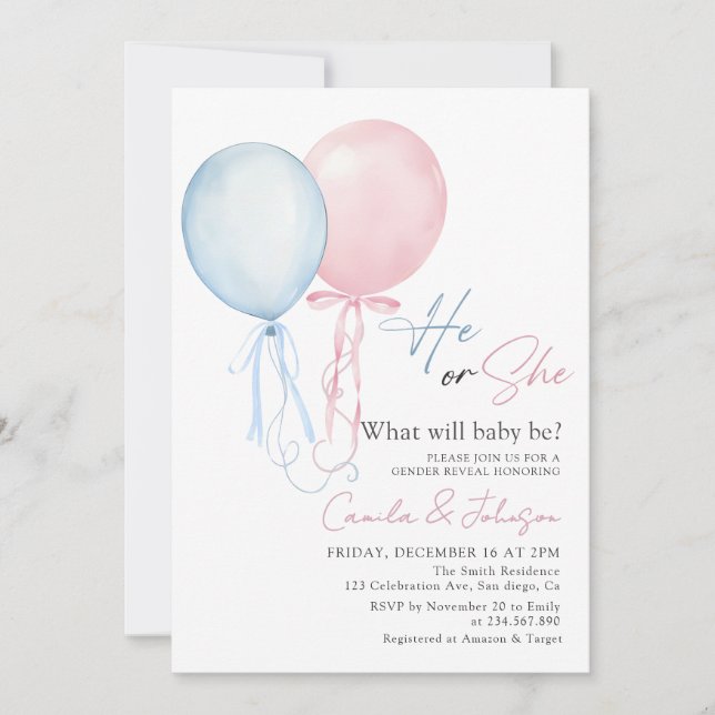 Pink Blue Balloons Gender Reveal Invitation (Front)
