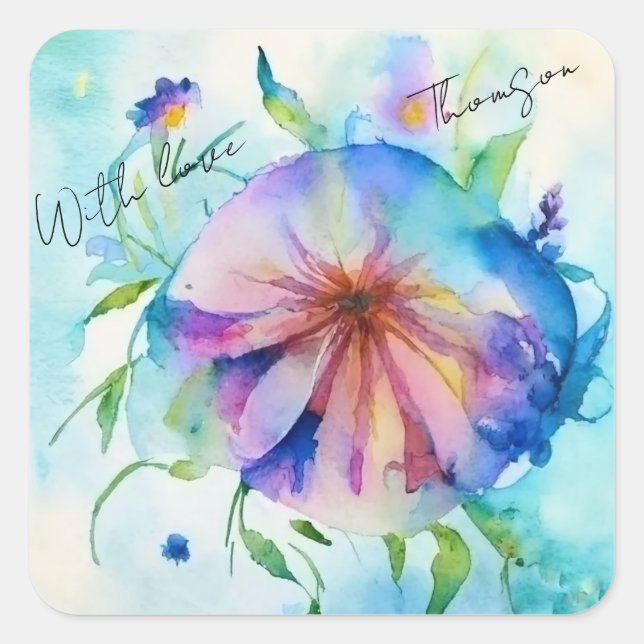 pink, blue bindweed flower, watercolor,  square sticker (Front)