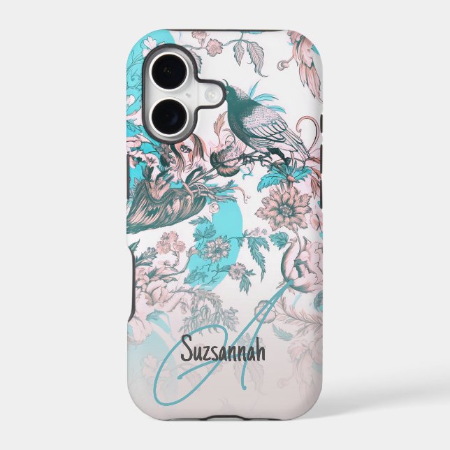 Pink Blue Bird and Floral Pattern Custom Monogram (Back)