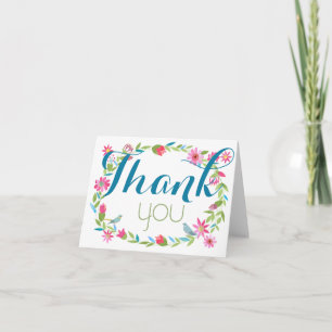 Pink Blue Birds Floral Watercolor Wreath Thank You Card