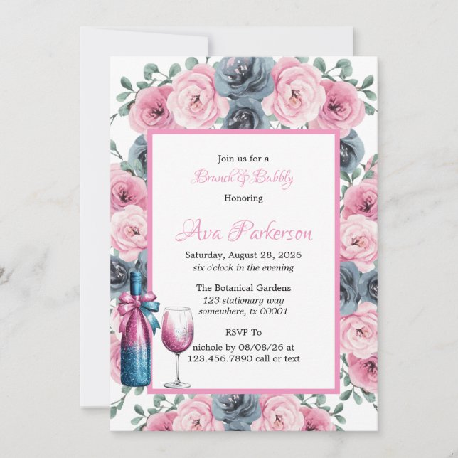 Pink & Blue Blooms Bouquet Brunch and Bubbly Invitation (Front)