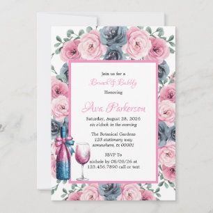 Pink & Blue Blooms Bouquet Brunch and Bubbly Invitation