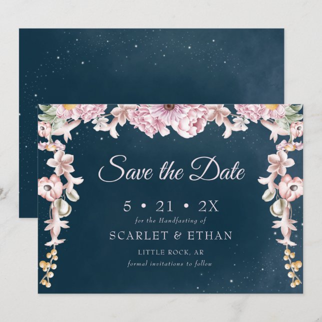 Pink & Blue Boho Starry Night Sky Handfasting Save The Date (Front/Back)