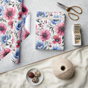 Pink Blue Botanical Bloom Wrapping Paper 