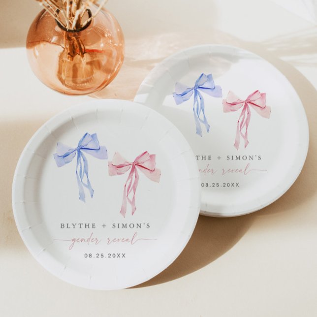 Pink Blue Bow Gender Reveal Paper Plate Coquette (Creator Uploaded)