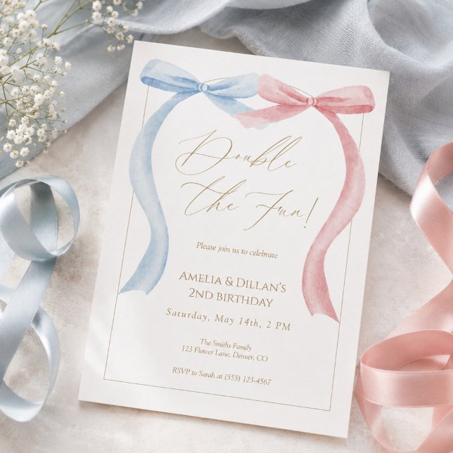 Pink blue bow Twin Birthday Invitation (Creator Uploaded)