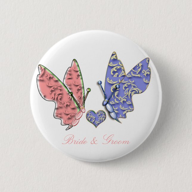 Pink & Blue Bride & Groom Butterflies so Cute 2 Inch Round Button (Front)