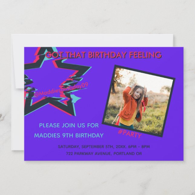 pink blue bright neon teenage photo birthday invitation (Front)