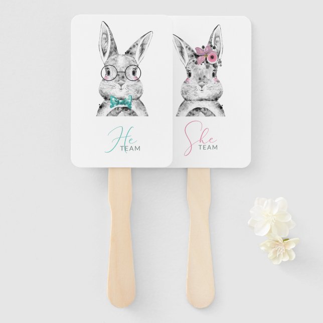 Pink Blue Bunnies Gender Reveal Hand Fan (Front and Back)