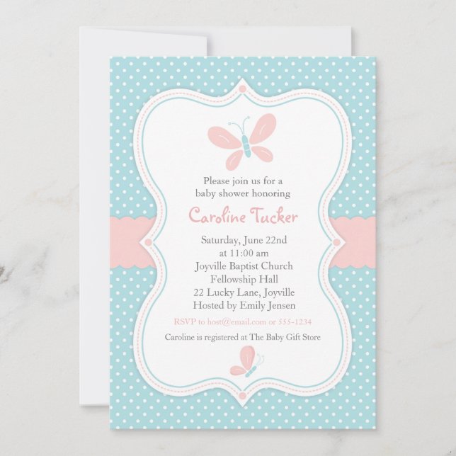 Pink & Blue Butterfly Baby Girl Shower Invitation (Devant)