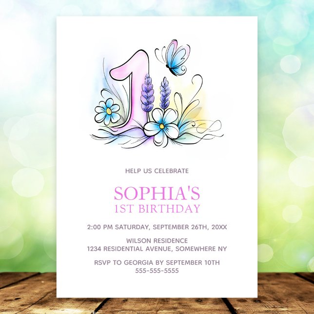 Pink Blue Butterfly Flowers 1st Birthday Party Invitation (Creator Uploaded)