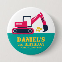 Pink Blue Cartoon Excavator Kids Birthday Button