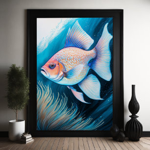 Pink Blue Chalk Drawing Fish IV Poster