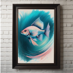 Pink Blue Chalk Drawing Fish Poster