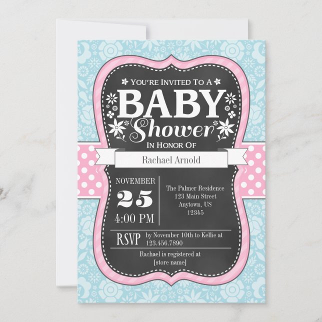 Pink Blue Chalkboard Floral Baby shower Invitation (Devant)