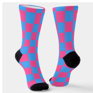 Pink Blue Chequered Check Pattern Socks