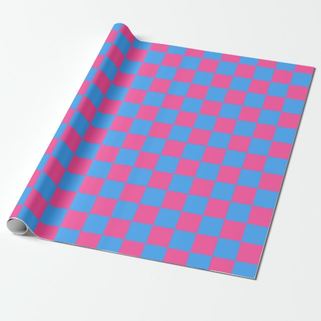 Pink Blue Chequered Check Pattern Wrapping Paper (Unrolled)