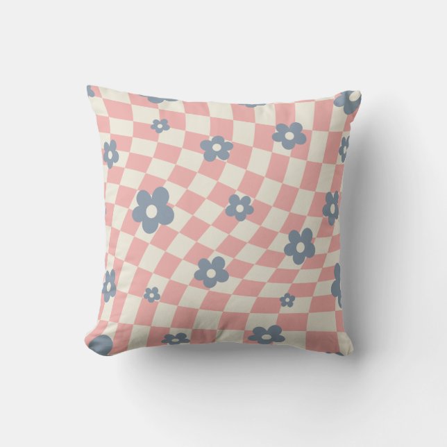 Pink Blue Chequered Floral Throw Pillow (Front)