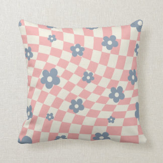 Pink Blue Chequered Floral Throw Pillow