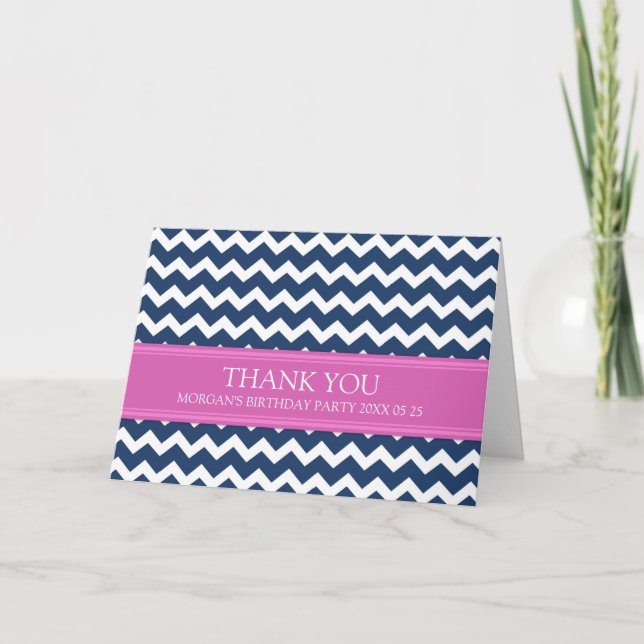 Pink Blue Chevron Birthday Party Thank You Card (Front)