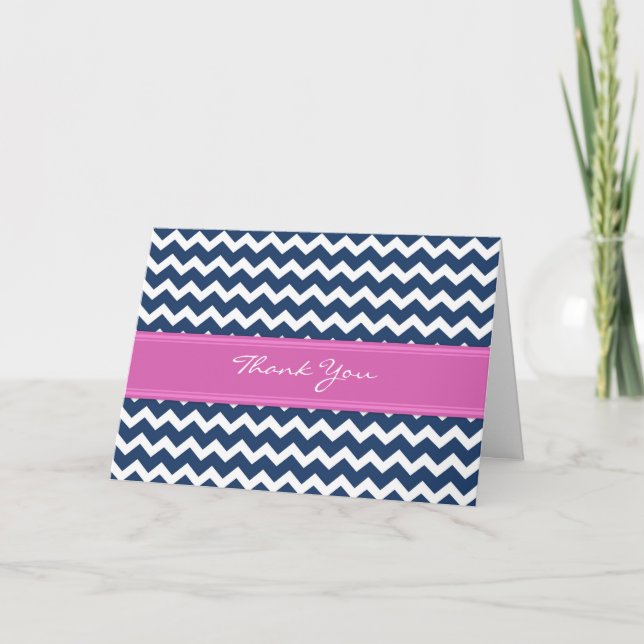 Pink Blue Chevron Wedding Thank You Card (Front)