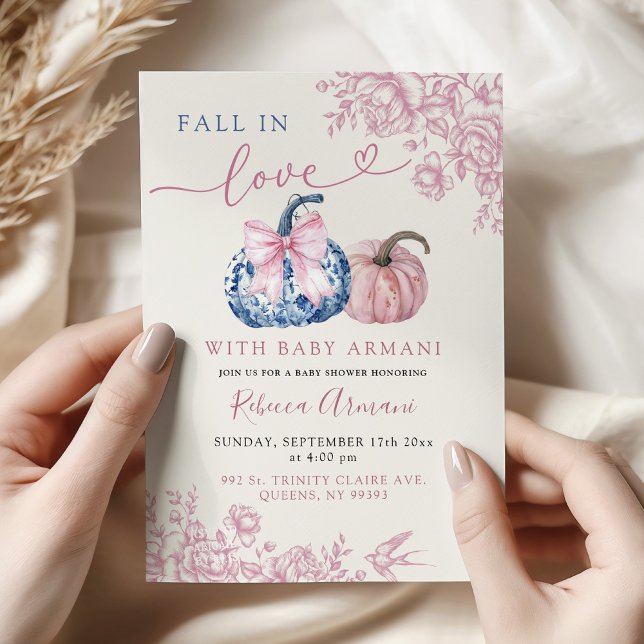 Pink Blue Chinoiserie Pumpkin Fall in Love Shower Invitation (Creator Uploaded)