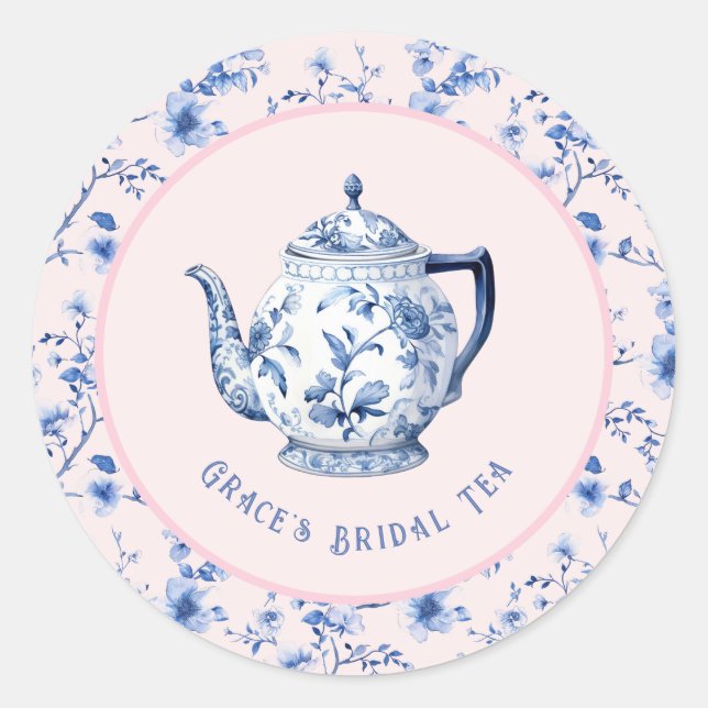  Pink & Blue Chinoiserie Teapot | Bridal Tea  Classic Round Sticker (Front)